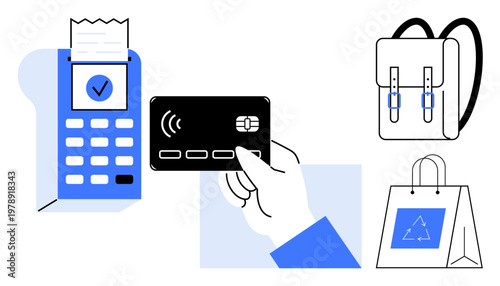 Contactless payment, e-commerce, retail shopping, eco-friendly products, transactions, online security. Hand holding credit card near payment terminal. Contactless payment and e-commerce concept