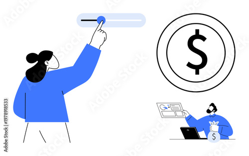 Budget planning, online payments, financial services, e-commerce, digital economy, business transactions. Person adjusting slider, dollar sign and man using laptop with cash. Budget planning