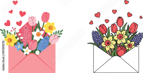 Envelope with spring flowers and hearts illustration for mothers day greeting card design including pink and white versions on transparent backdrop