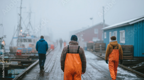 Candid wide shot of a morning fish auction in a Norwegian fishing harbor, ice-covered wooden docks, fishermen in overalls, misty cold air, authentic, real people, local culture, do