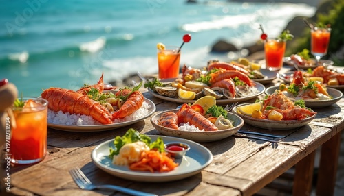 Bountiful seafood platter with lobsters, prawns, oysters sits on rustic table at ocean seaside. Bright cocktails in glasses accompany gourmet meal. Luxury spread suggests summer celebration fine