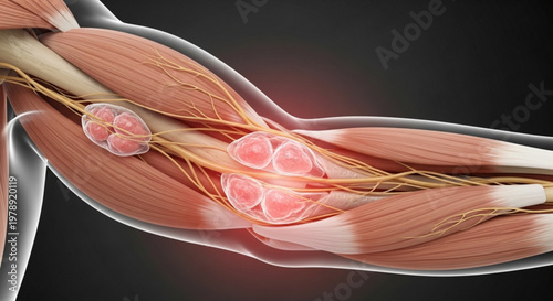 Detailed 3D illustration of human arm anatomy, highlighting muscles, nerves, and inflamed nerve tissue with red pain indicators.