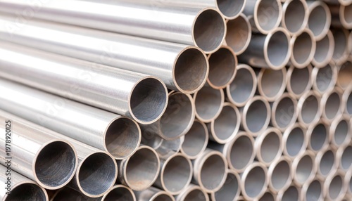 Close-up of Stacked Metal Pipes for Industrial Applications.