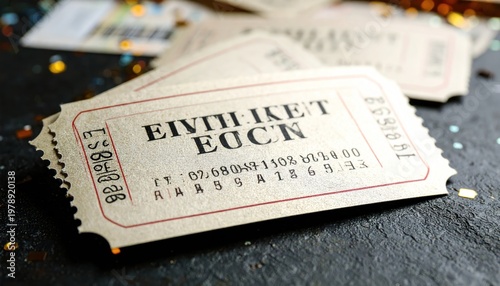 Close-up of Stacked Vintage Tickets on Dark Surface.