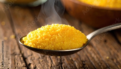 Close-up of steaming polenta on a spoon, rustic background.