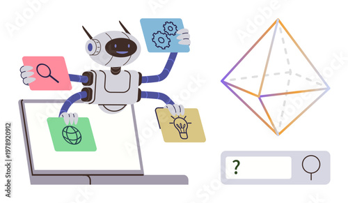 Artificial intelligence, multitasking, innovation, internet, search optimization, machine learning. Robot manipulating icons thumbs up search, settings and ideas. Artificial intelligence