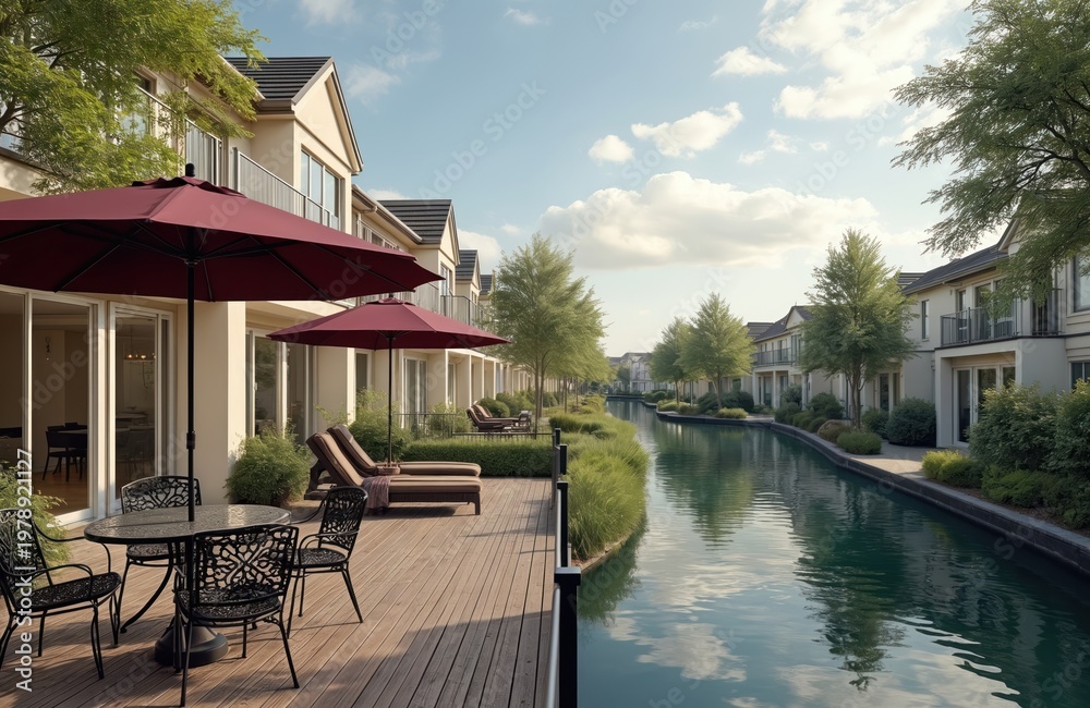 Obraz premium Waterside townhouses feature outdoor dining patios with umbrellas, lounge chairs. Green plants lines calm canal reflecting fluffy clouds under blue sky. Buildings offer private balconies, spacious