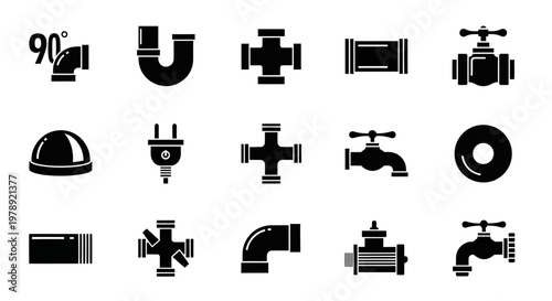 Plumbing icons, pipe symbols, 15 black and white graphics, plumbing tools, pipe fittings