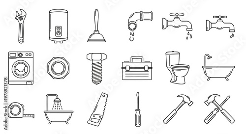 Plumbing repair icons, bathroom tools, 20 line style symbols, plumbing equipment, DIY toolkit