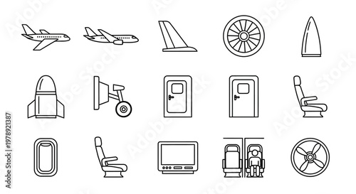Airplane, travel, transportation icons, 16 airline symbols, vector graphics