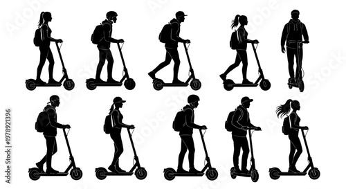 Scooter riders, people on e-scooters, commuter silhouettes, urban transportation icons