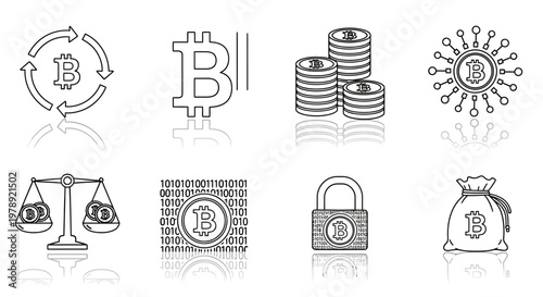 Cryptocurrency icons, Bitcoin symbols, blockchain graphics, financial illustrations