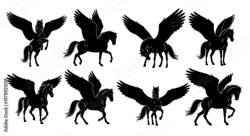 Black winged horse silhouettes, mythical creatures, flying horses, pegasus icons, vector graphics
