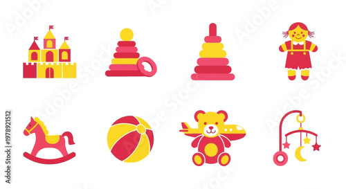 Vibrant toy icons, colorful baby objects, nursery elements, 8 vector graphics