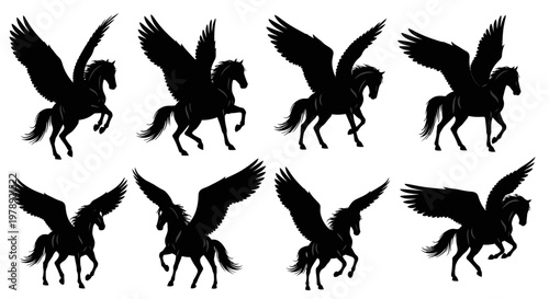 Winged Horse Silhouettes, Pegasus Icons, Black Mythical Creatures, Vector Graphics