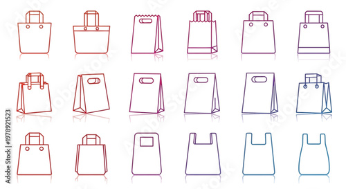 Colorful shopping bag icons, 20 reusable tote bag outlines, eco friendly packaging symbols, gradient colored vector graphics