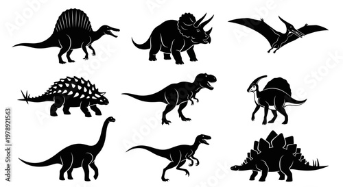 Dinosaur silhouettes, prehistoric animal icons, black vector illustrations, set of 9
