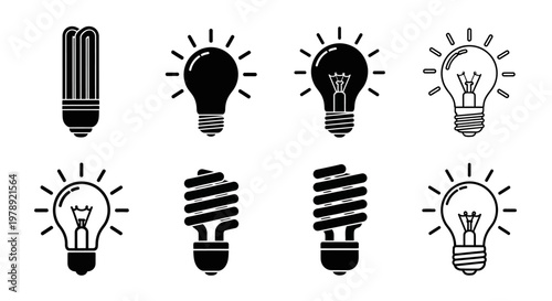 Light Bulb Icons, Black and White, Vector Set of 8, Business Concept, Idea Symbols