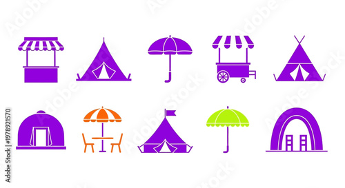 Vector icons of tents, umbrellas, and canopies, colorful outdoor shelter symbols