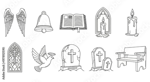 church, funeral, cemetery icons, 10 religious symbols, vector illustrations, black and white, line art
