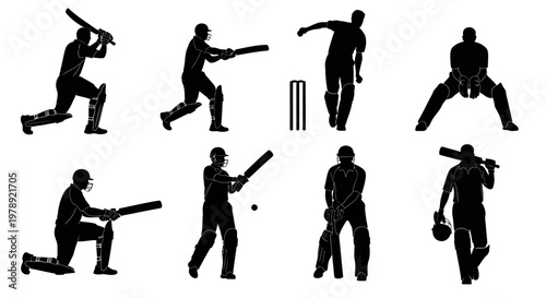 Cricket player silhouettes, sports icons, athletic poses, black illustrations, sports graphics