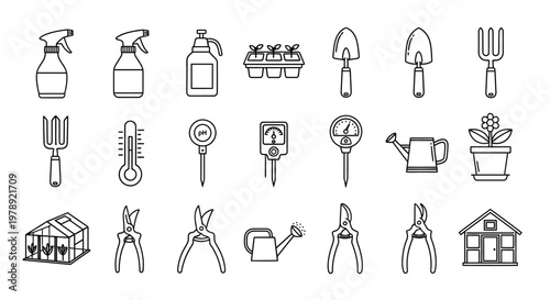 Gardening tools and equipment icons, 25 line icons, gardening set, garden tools
