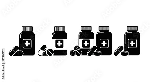 Medical bottles, pills, and capsules, pharmaceutical icons, health care symbols, medicine set, vector graphics