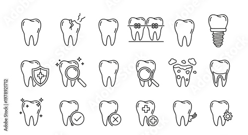 Tooth icons, dental illustrations, funny teeth, 20 smile designs, line art