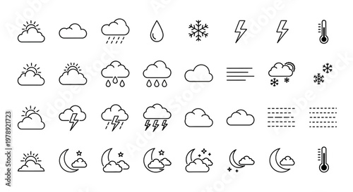 Weather icons, climate symbols, forecast signs, 40 black line style graphics