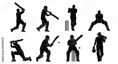 Cricket player silhouettes, black cricket icons, sports illustrations, athletic poses