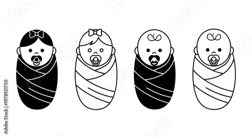 Cute baby animals, swaddled in blankets, vector illustrations, black and white icons, set of 4