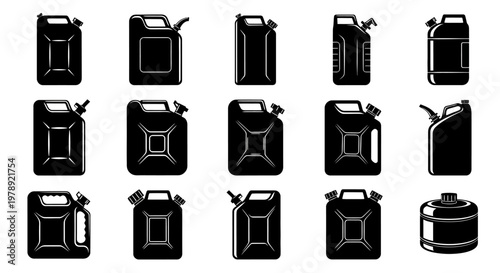 Black oil can icons, fuel tank illustrations, jerry can graphics, petroleum container set, 15 black silhouette designs