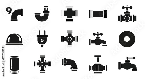 Plumbing icons, pipe symbols, 9 black and white elements, plumbing tools, pipe fittings