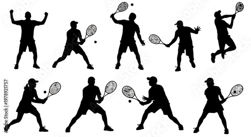 Tennis player silhouettes, black tennis icons, racket sport illustrations, athletic poses