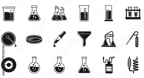Laboratory equipment icons, science symbols, chemistry lab tools, black line illustrations
