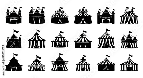 Circus Tent Icons, Black and White Vector Graphics, 20 Different Designs, Circus Symbols, Illustration Set