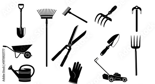 Gardening tools, icons, black, vector, 12 elements, gardening equipment, lawn care tools