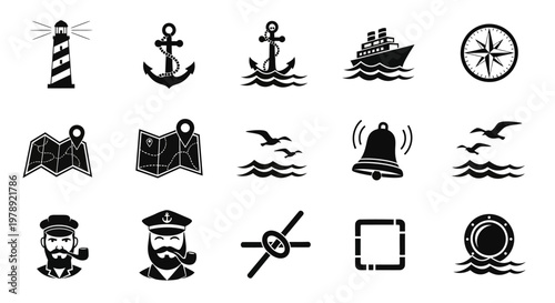 Nautical Icons, Marine Symbols, Vector Set of 16, Black and White