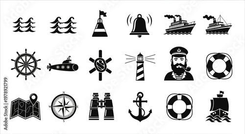 Nautical icons, marine symbols, black and white vector graphics, 20 ship navigation elements