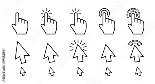 Cursor, pointer, and hand icons, computer navigation symbols, web click signs, vector graphics