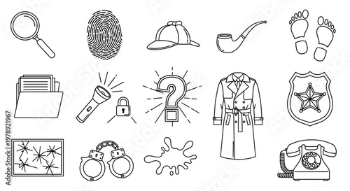 Crime scene investigation icons, detective symbols, 16 forensic law enforcement graphics, black and white line art
