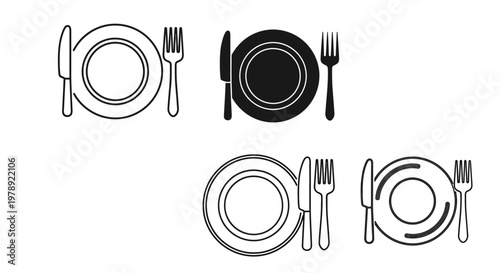 Dining table settings, plate and cutlery icons, black and white vector illustrations, restaurant tableware elements