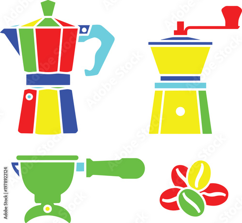 Colorful coffee making set with moka pot, grinder, portafilter and beans illustration