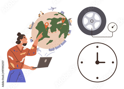 Global shipping, logistics, time management, tracking systems, vehicle maintenance, navigation technology. Person with a laptop pointing at a globe with shipping routes. Logistics and time management