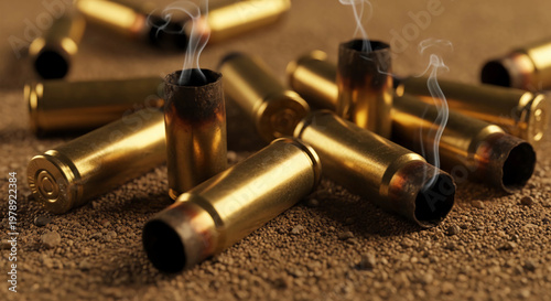 Spent bullet casings smoking on ground after combat. Close up of fired brass cartridge shells from automatic weapon. Concept of war, conflict, military action, danger and battlefield.