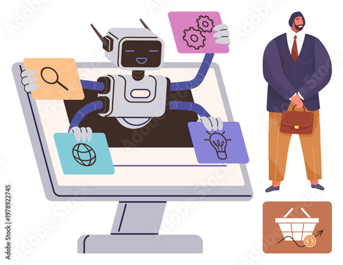 Artificial intelligence, business automation, e-commerce, task management, future technology, digital tools. Robot with multiple arms holding task icons on a computer. Business automation