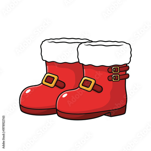 Boots designed with red leather and white fur trim feature gold buckles and sturdy soles perfect for winter holiday seasonal attire wear.