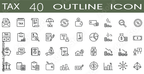 Financial tax and accounting line icons set featuring tax payment calculator, government document form, business budget, bank money, and investment growth vector illustration with editable stroke.