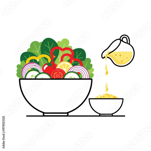A salad bowl accompanied by a small pitcher pouring dressing is a vibrant and healthy visual designed to provide ample usable copy space.