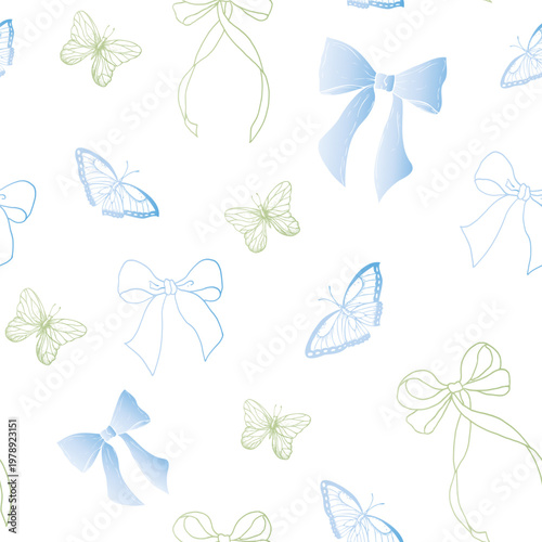 Vector seamless pattern with bows, long ribbons and butterflies. Graphic festive gift, hand drawn illustration isolated on background. Botanical and wedding, baby clip art. For greeting card